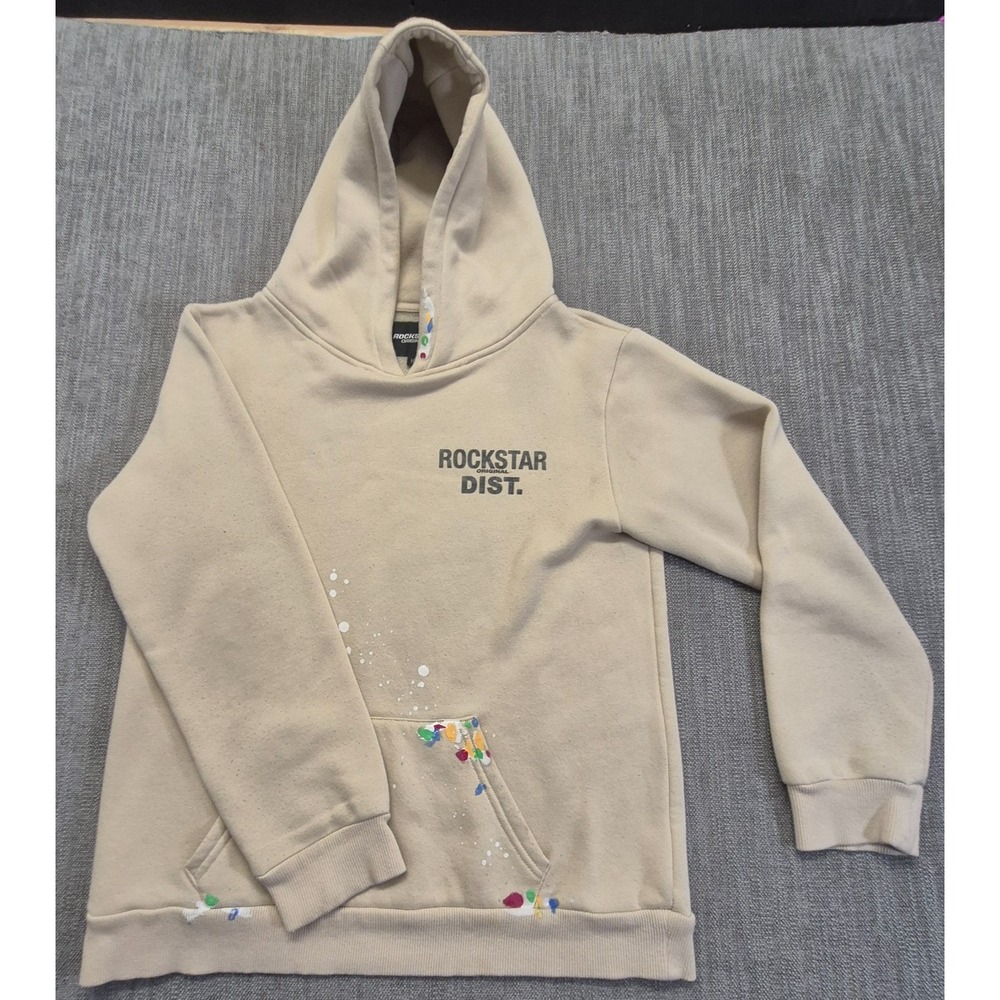 Rockstar Original Boys Youth 16 Beige Slim Hoodie Rockstar Dist. Paint Splatter